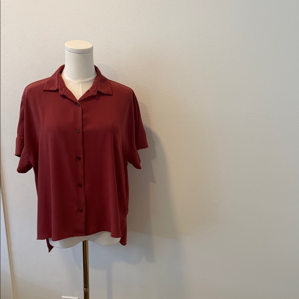 Rachel Zoe Deep Rose Button Front Collared Blouse Short Sleeve Top Size S